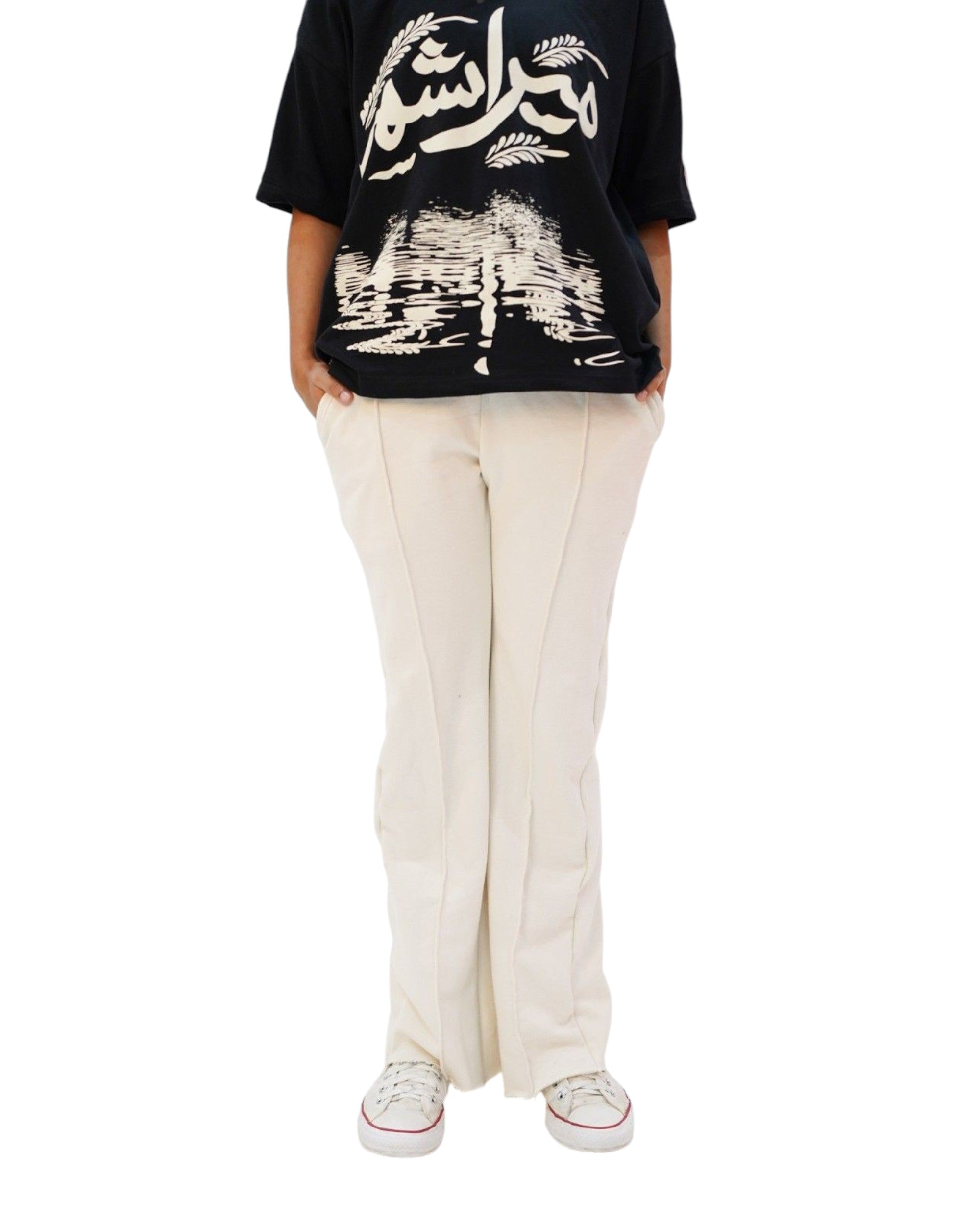 Cream Pleated Flared Trousers