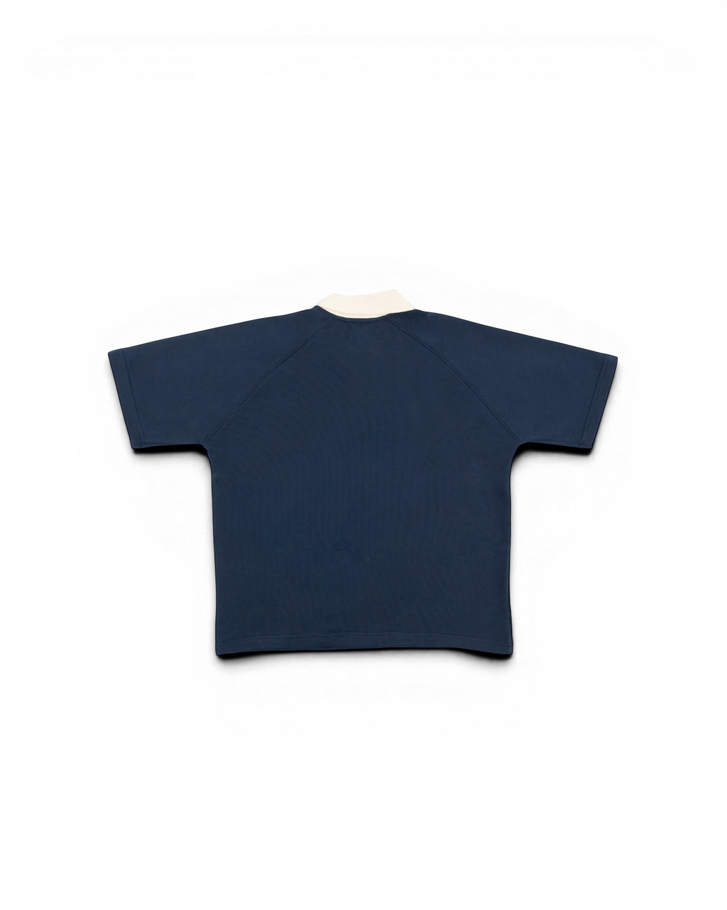 Thrive navy blue french terry polo shirt with an exaggerated cream contrast collar and raglan sleeves, back view.