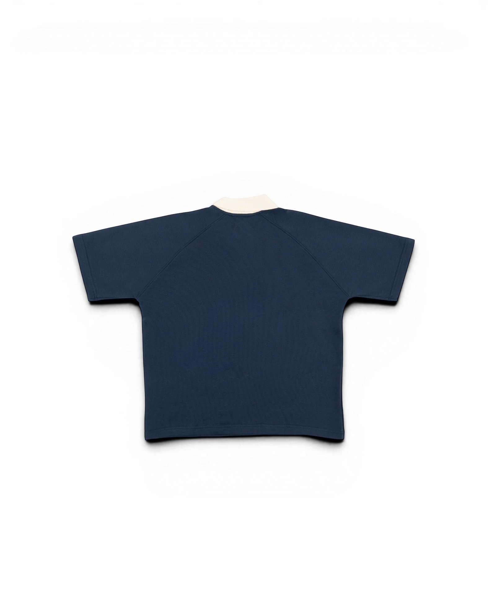 Thrive navy blue french terry polo shirt with an exaggerated cream contrast collar and raglan sleeves, back view.