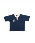 Thrive navy blue french terry polo shirt with a cream contrast collar, raglan sleeves, and vintage screen print details.