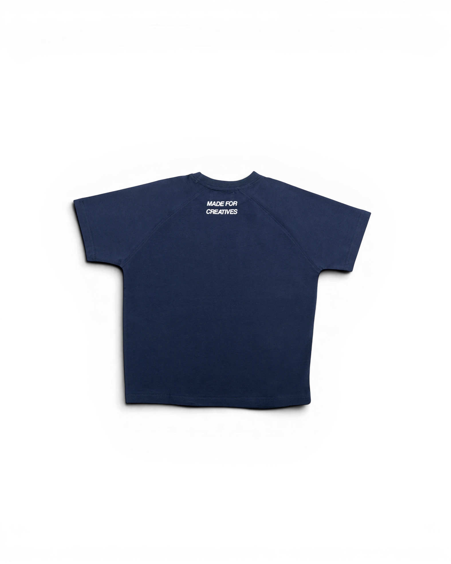 Thrive navy raglan baby tee in cotton lycra jersey with Made For Creatives screen print on the back