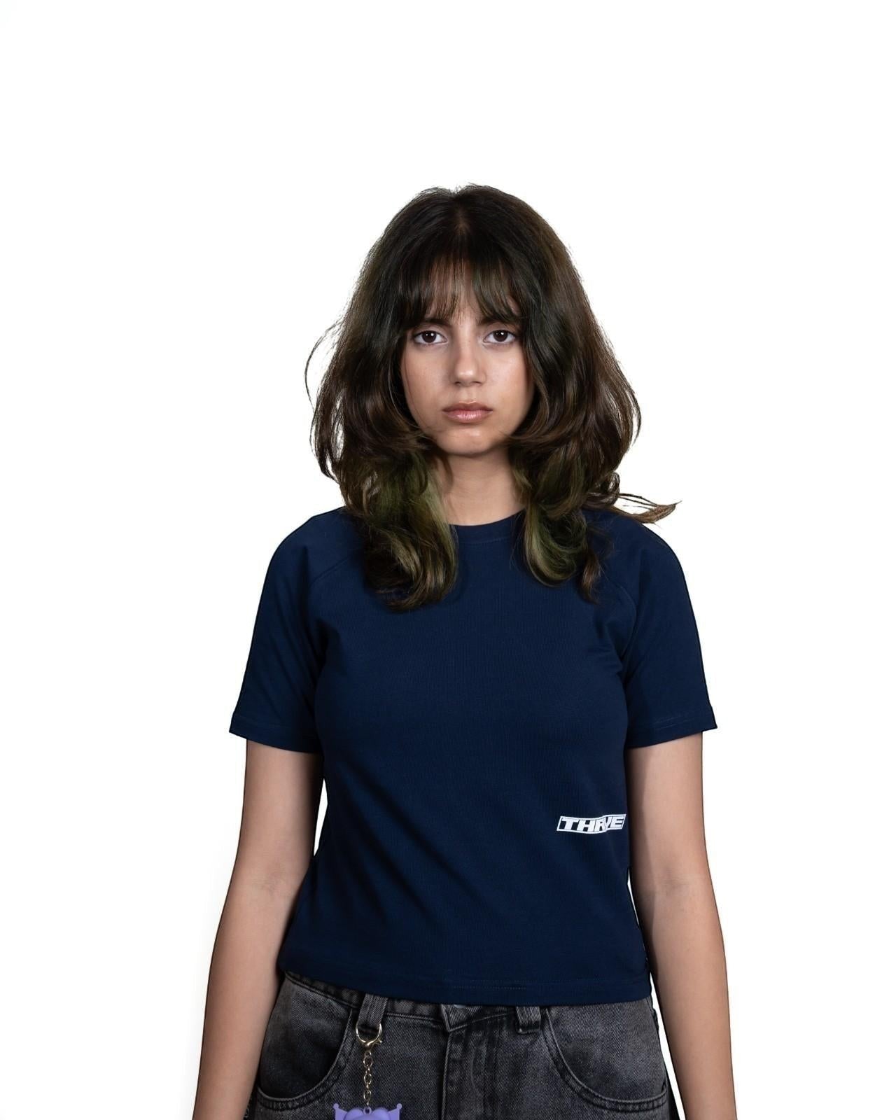 Thrive navy fitted raglan baby tee in cotton lycra jersey with white screen printed logo on front