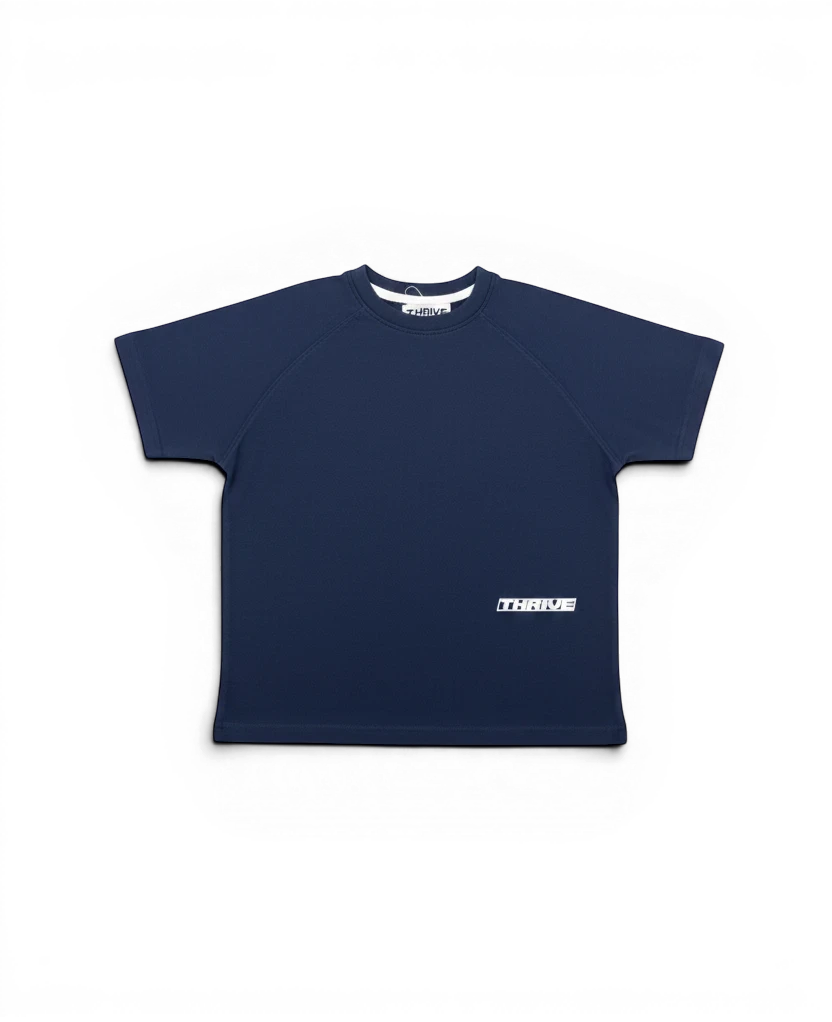 Thrive navy fitted baby tee with raglan sleeves, structured waist, and white screen-printed logo on cotton lycra