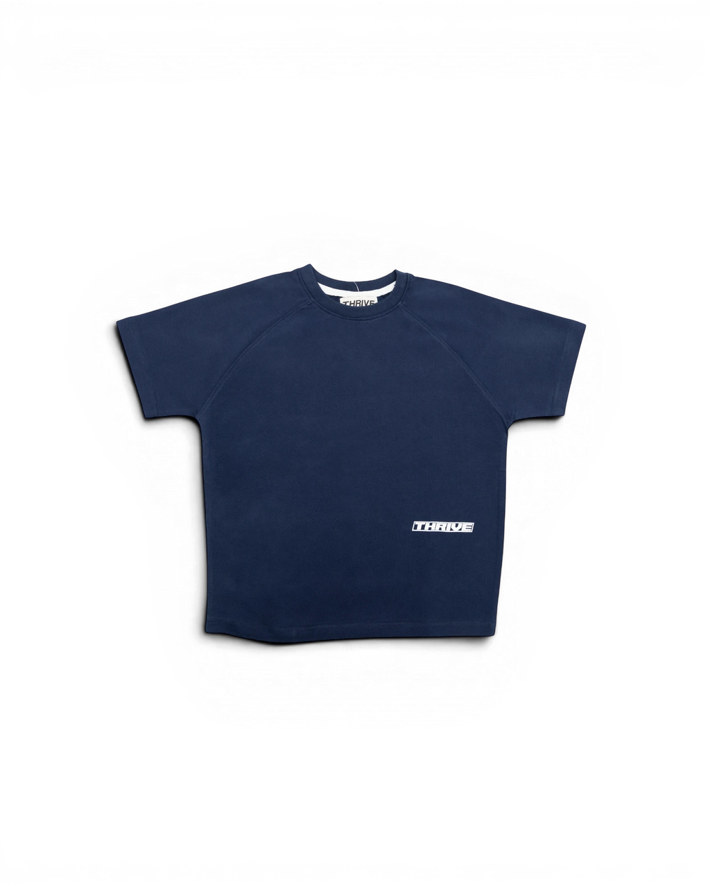 Thrive navy fitted baby tee with raglan sleeves and white screen printed logo on cotton lycra jersey fabric